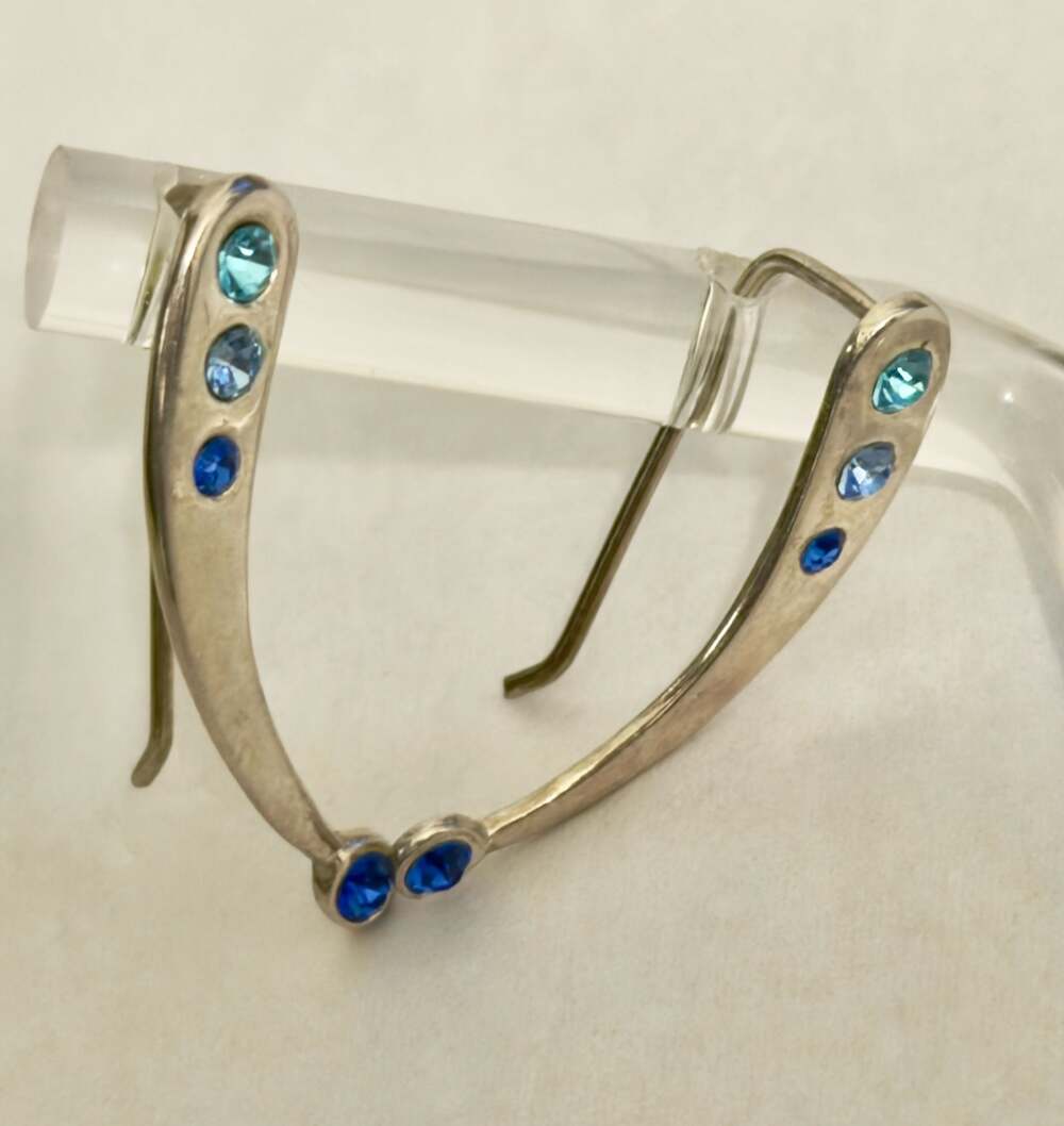 Modernist 925 Sterling Silver Ear Climbers with Blue Gradient Crystals